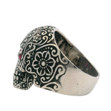 925 Sterling Silver Sugar Skull Skeleton Floral Ring with Lab Ruby Eyes Size 11