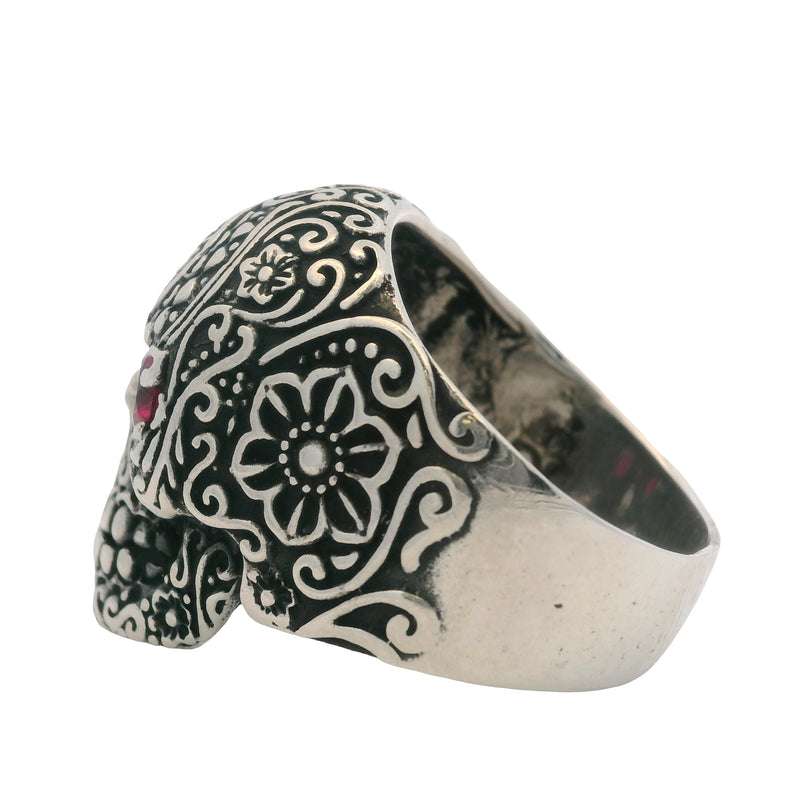 925 Sterling Silver Sugar Skull Skeleton Floral Ring with Lab Ruby Eyes Size 11