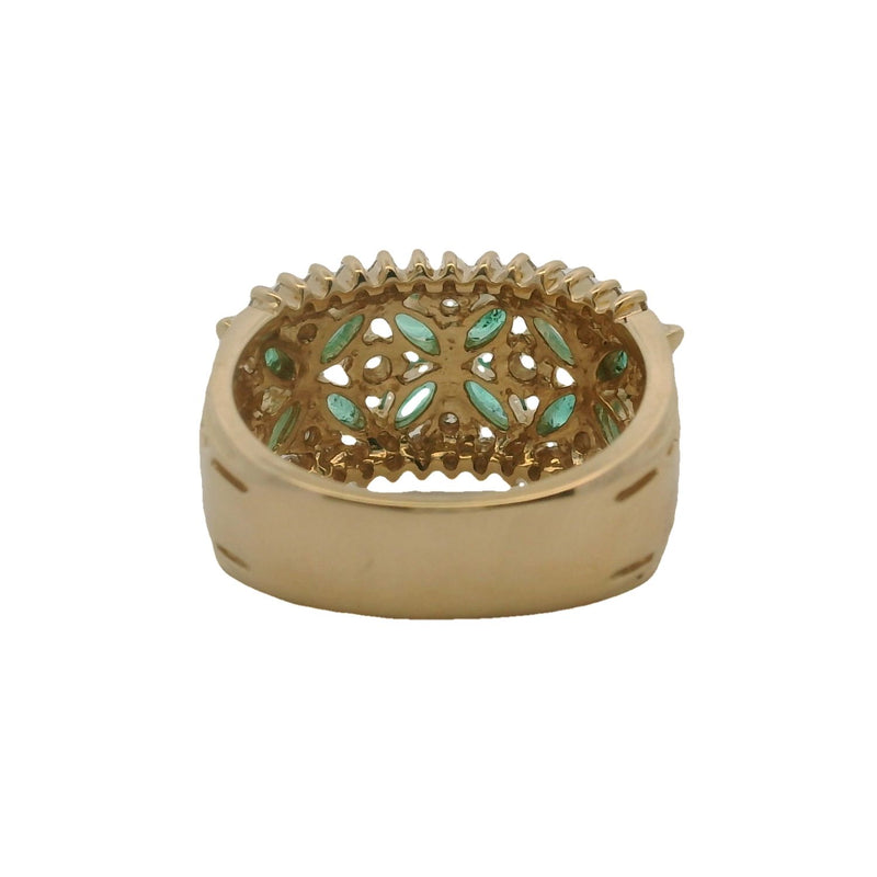 Vintage Solid 14kt Yellow Gold, Emerald, and Diamond Floral Motif Cluster Cocktail 11.5mm Wide Band Ring Size 7