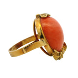 Vintage Italian 18k Bright Yellow Gold Floral Cabochon Coral Statement Ring Sz 9