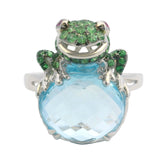Solid 14kt White Gold, Blue Topaz, Ruby, and Green Sapphire Frog and Pond Cocktail Statement Ring Size 7