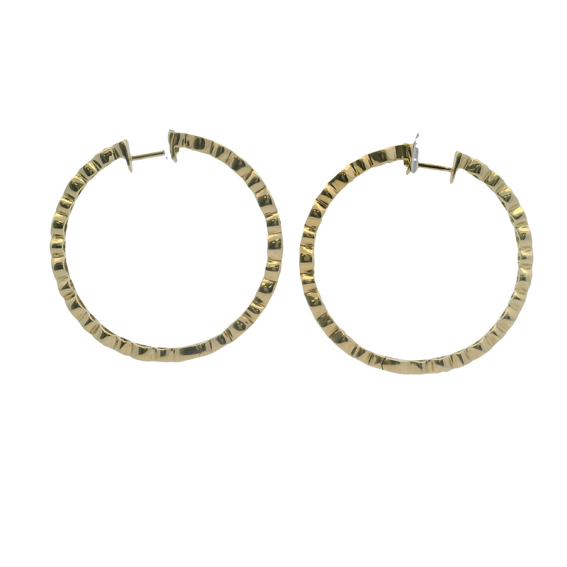 Solid 14kt Yellow Gold and Diamond Inside and Out 1.3" 38mm Long Hoops
