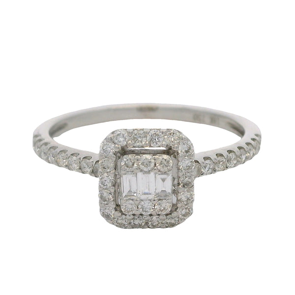 18kt White Gold and Round and Baguette Diamond Cluster Halo Ring Size 6.75