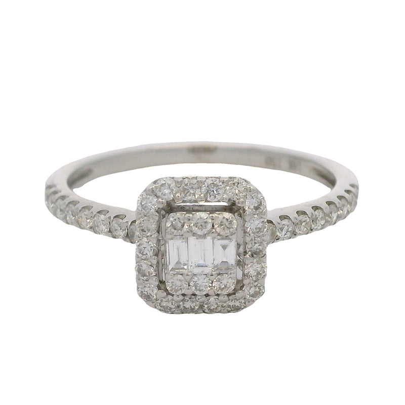 18kt White Gold and Round and Baguette Diamond Cluster Halo Ring Size 6.75