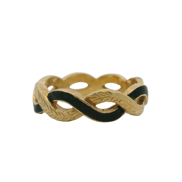 Solid 18kt Yellow Gold and Black Enamel Woven Twisted Wheat Pattern Band Ring Size 6.75