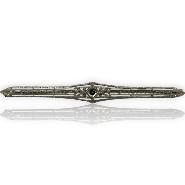 Antique 1920s Platinum and 18kt White Gold Filigree Sapphire Bar Pin by Batchelder