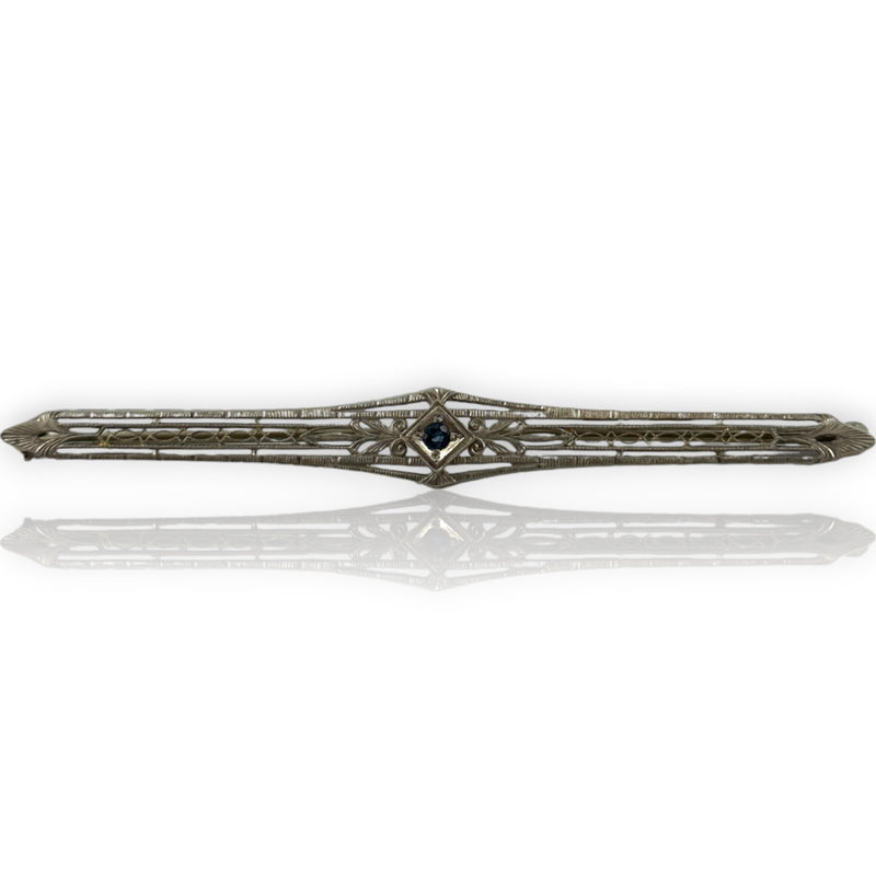 Antique 1920s Platinum and 18kt White Gold Filigree Sapphire Bar Pin by Batchelder
