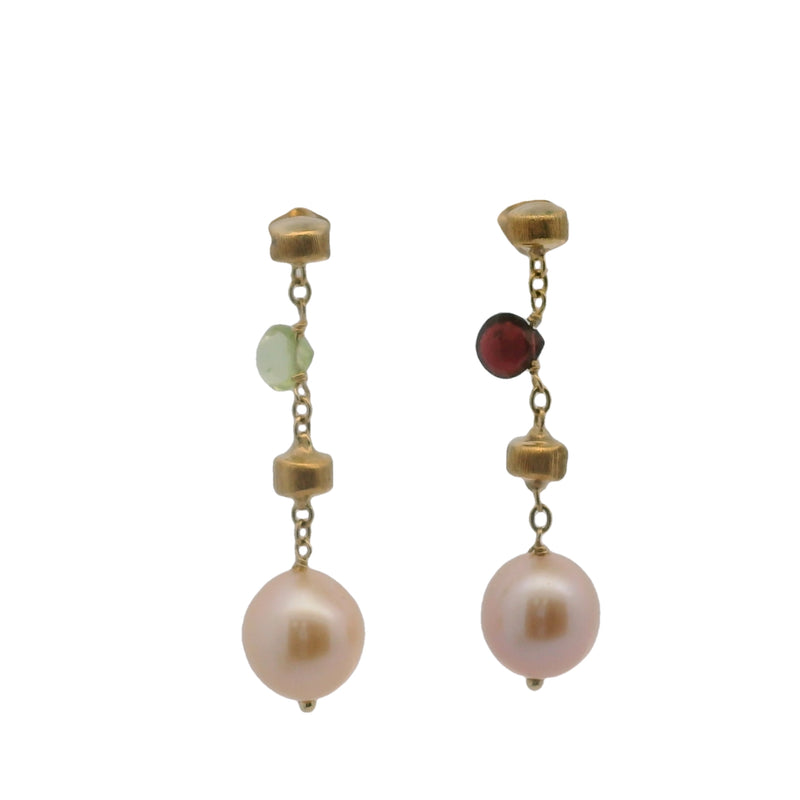 Marco Bicego Italian 18kt Yellow Gold Freshwater Pearl, Peridot, and Tourmaline Drop/Dangle Earrings