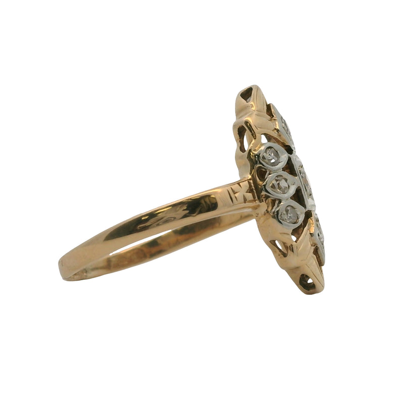 Antique 1930s 14kt Yellow and White Gold Diamond Shield Dinner Ring Size 5