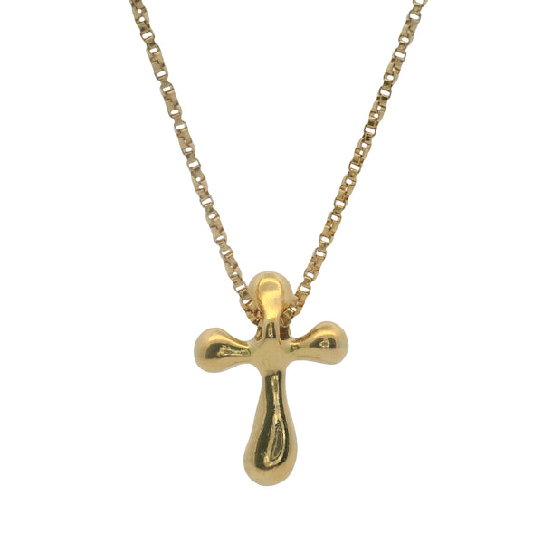 Vintage Solid 14kt Yellow Gold Puffy Liquid Cross Necklace with 18" Small Box Chain