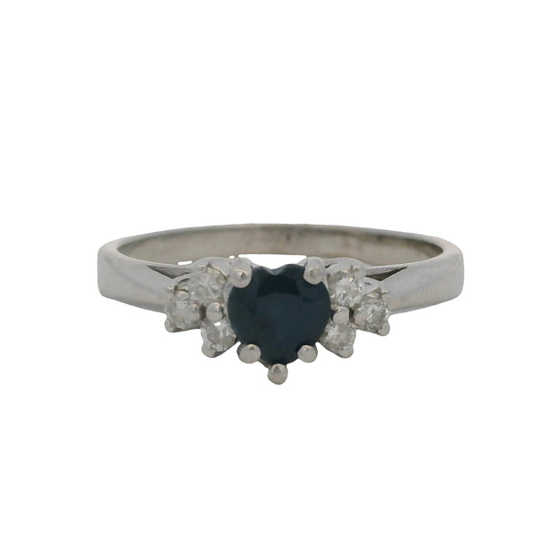 Solid 14kt White Gold Ring with Heart-Shaped Sapphire Solitaire and 6 Accent Diamonds Size 7