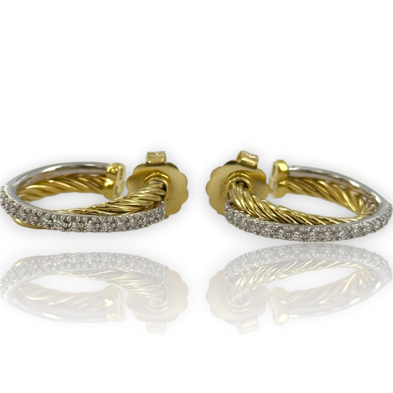 David Yurman Solid 18kt Yellow Gold Crossover 23mm Hoop Cable Earrings with 0.34ctw of Diamonds in Original Pouch