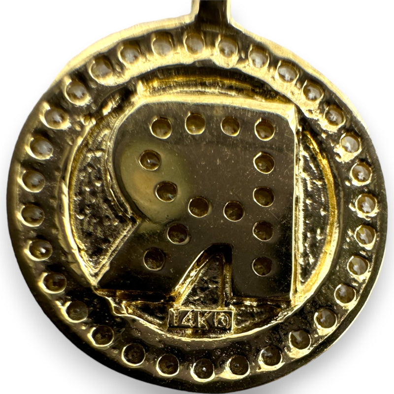 Letter "R" Cubic Zirconia Alphabet Disk Pendant Charm 14kt Yellow Gold