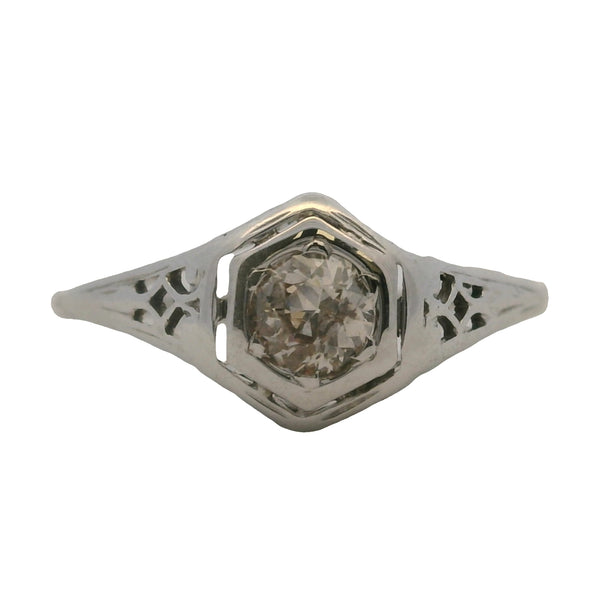 Antique 1920s Art Deco Solid 18kt White Gold and Old Euro Diamond Solitaire Filigree Ring Size 5.75
