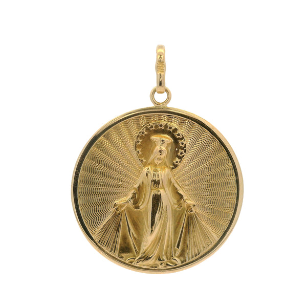 Solid 18kt Yellow Gold Virgin Mary Madonna Medallion Religious Circle Pendant