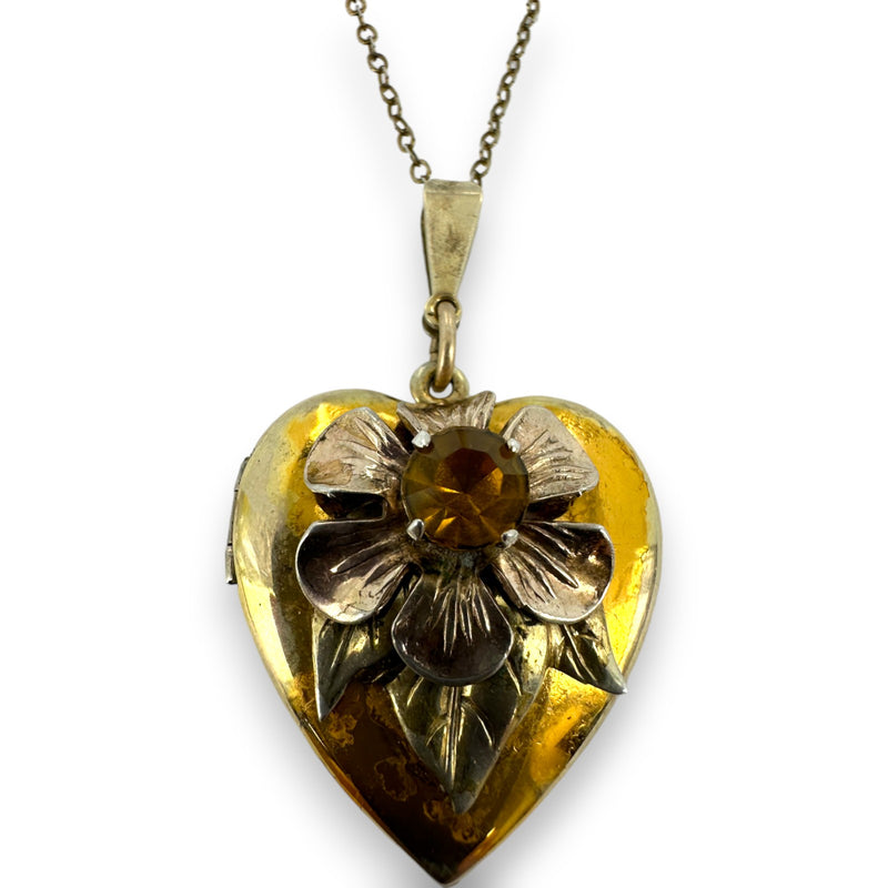c1930s Tri-Tone Sterling and 12k Gold Fill Heart Locket with Flower and Leaf Design and Center Glass Stone