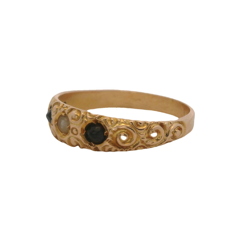Antique Late Victorian Solid 14kt Yellow Gold Delicate Bohemian Garnet and Seed Pearl Ring Size 4