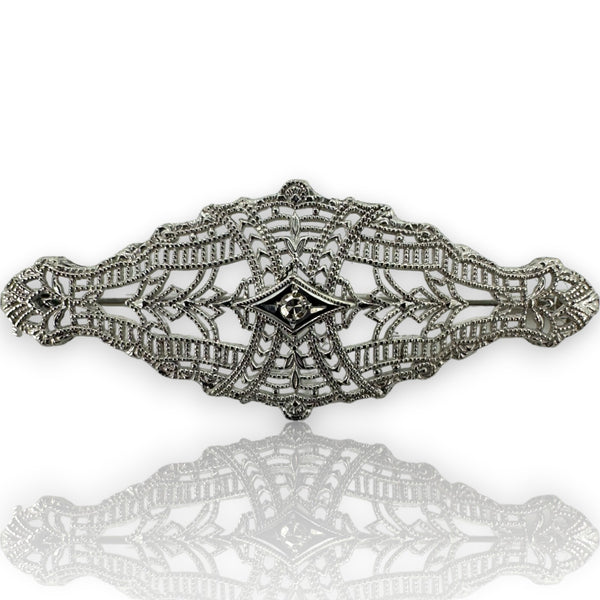 1920s Art Deco Filigree 0.01ct Diamond Accent 14k ESEMCO Brooch