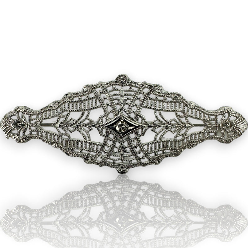 1920s Art Deco Filigree 0.01ct Diamond Accent 14k ESEMCO Brooch