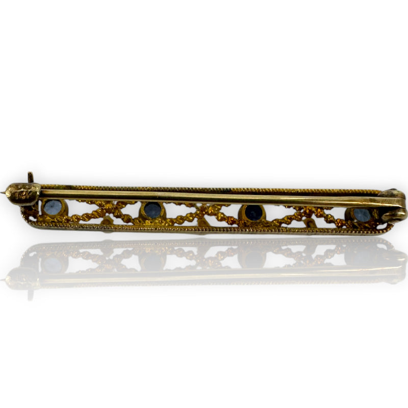 Krementz Signed Antique 1900-1930s 14kt Yellow Gold Sapphire and Seed Pearl Bar Pin