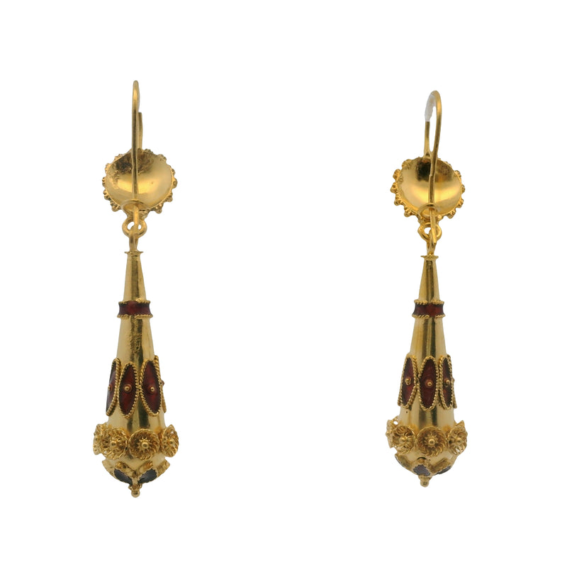 Vintage Solid 14kt Yellow Gold and Red Enamel Etruscan Style Drop/Dangle Hook Earrings