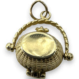 Vintage Picnic Basket Openable Charm Pendant Solid 14kt Yellow Gold