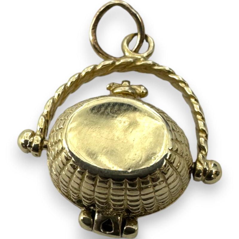 Vintage Picnic Basket Openable Charm Pendant Solid 14kt Yellow Gold