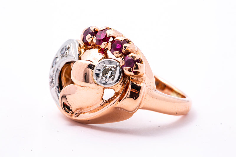 1930-50s Retro Diamond Accent Flower Band 14K 585 Rose & White Gold Ring Sz 4