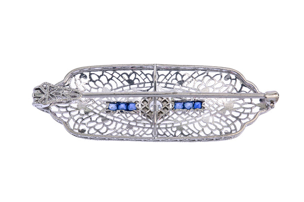 Antique 1920s Art Deco Diamond & French Cut Sapphire Filigree Lapel Pin Solid 18K 750 White Gold 2" Brooch