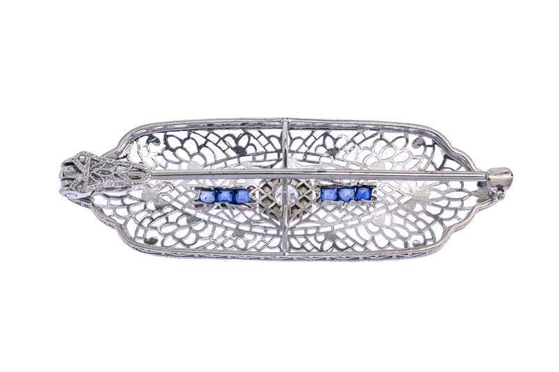 Antique 1920s Art Deco Diamond & French Cut Sapphire Filigree Lapel Pin Solid 18K 750 White Gold 2" Brooch