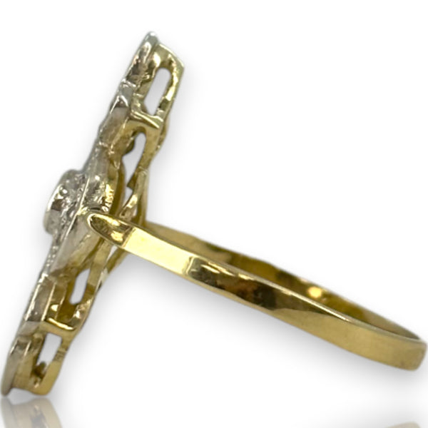 Vintage Art Deco Revival 14kt Yellow and White Gold Diamond and Emerald Dinner Ring Size 9