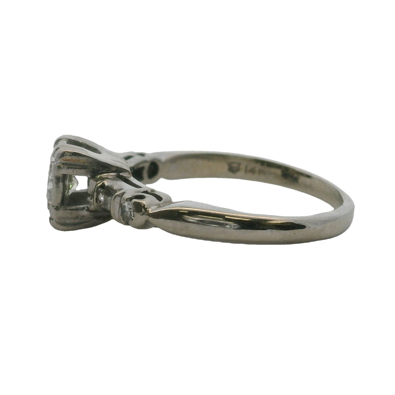 Vintage 1940-50s 14kt White Gold Diamond Solitaire Ring with Baguette Diamond Accents Size 5.5