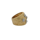 Solid 14kt Yellow and White Gold 19mm Wide Floral Engraved Cocktail Ring with 7 Diamonds Size 7