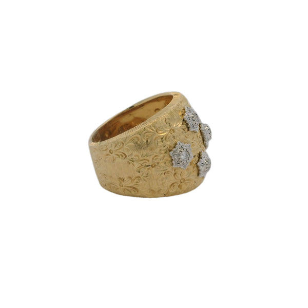 Solid 14kt Yellow and White Gold 19mm Wide Floral Engraved Cocktail Ring with 7 Diamonds Size 7