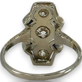 Antique 1910-20s Early Art Deco 18kt White Gold, Natural Old Mine Diamond, and Lab Sapphire Dinner Ring with Openwork Milgrain Detail Size 6.5