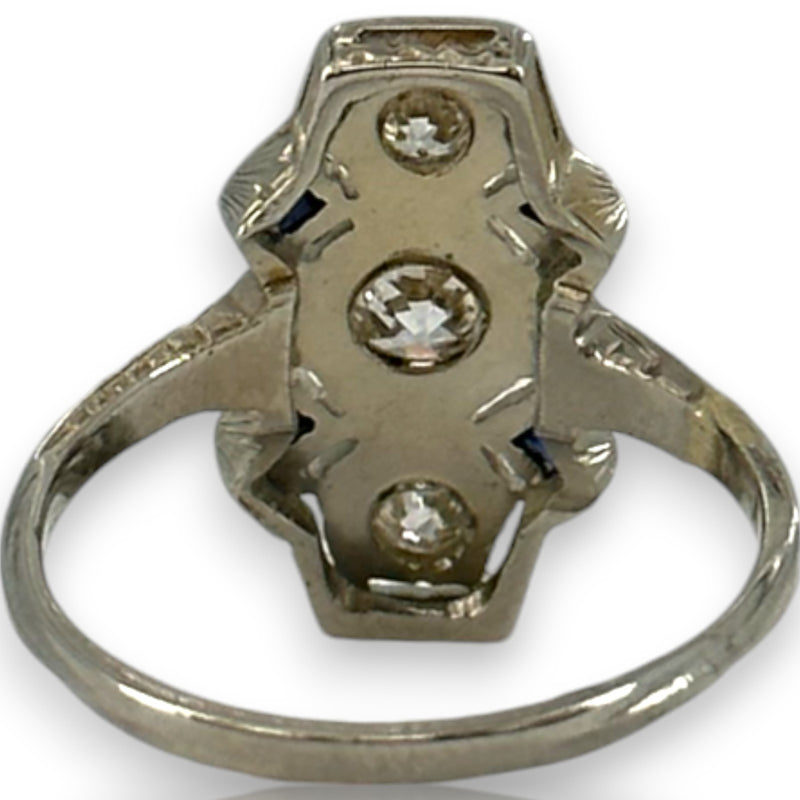 Antique 1910-20s Early Art Deco 18kt White Gold, Natural Old Mine Diamond, and Lab Sapphire Dinner Ring with Openwork Milgrain Detail Size 6.5