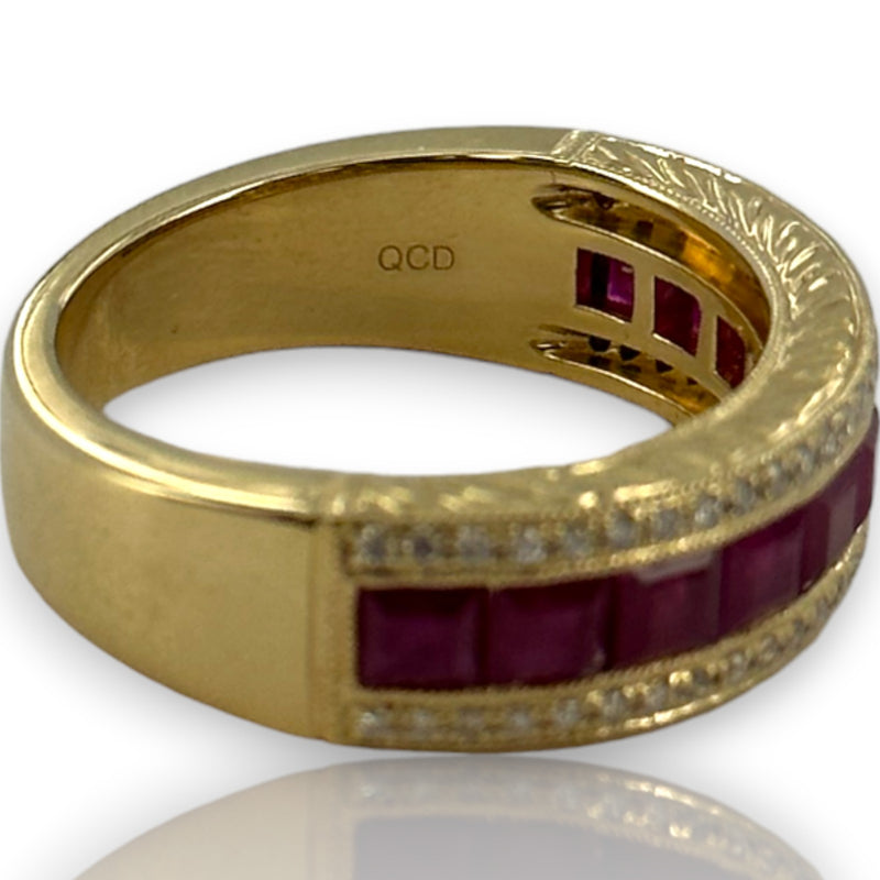 QCD Quality Color Design Solid 14kt Yellow Gold Half Eternity Ruby and Diamond Band Stacking Ring Size 7
