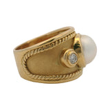 Vintage Solid 18kt Yellow Gold Mabe Pearl and 0.20ctw Diamond Statement Band Ring Size 8