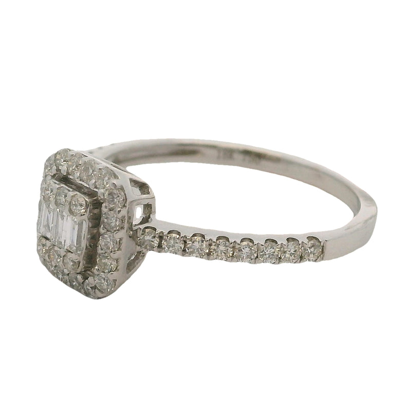 18kt White Gold and Round and Baguette Diamond Cluster Halo Ring Size 6.75