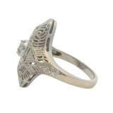 Vintage Mid-Century Deco Revival Solid 14kt White Gold Filigree Dinner Ring with Diamond Size 5.75