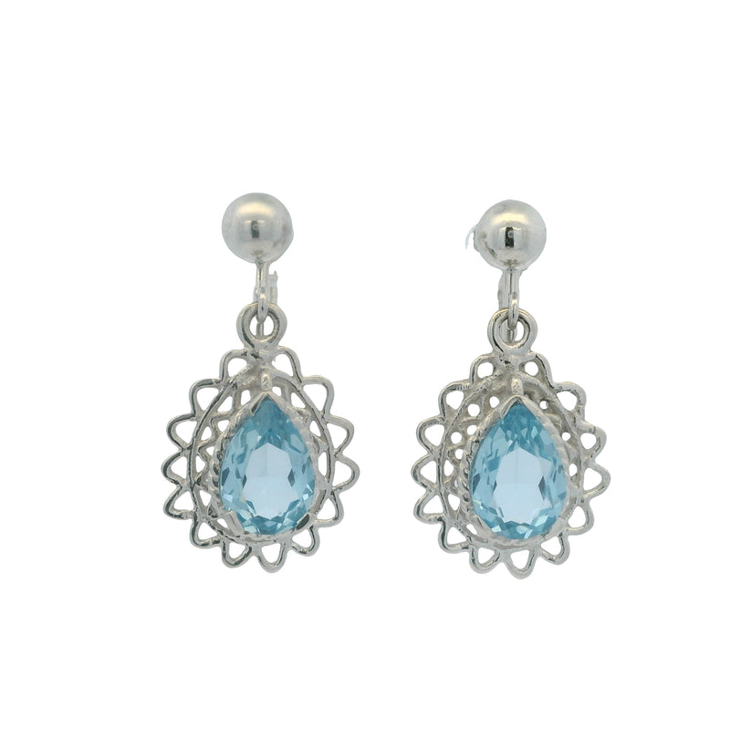 Solid 14kt White Gold Screw-Back Unpierced Drop/Dangle Earrings with Pear Blue Topaz
