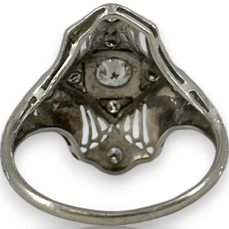 1920s 900 Platinum Art Deco Era Filigree 18mm Dinner Ring with 0.32ctw Diamonds and Milgrain Openwork Details Size 5.75