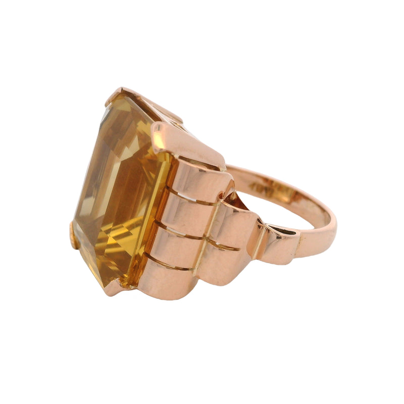 Vintage 1930s-50s Retro Era 18kt Rose Gold Emerald Cut Citrine Cocktail Statement Ring Size 7.75
