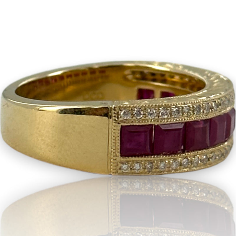 QCD Quality Color Design Solid 14kt Yellow Gold Half Eternity Ruby and Diamond Band Stacking Ring Size 7
