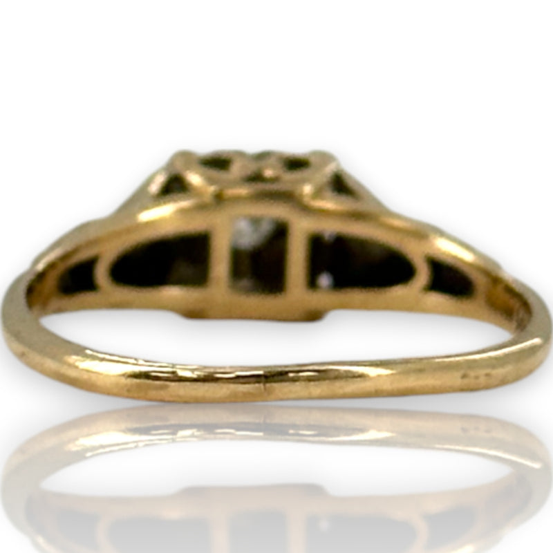 Antique 1930s Art Deco 14kt Yellow and 18kt White Gold Diamond Solitaire Ring with Shoulder Details Size 6.5