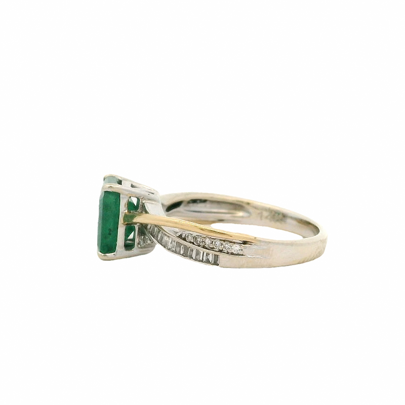 EFFY Solid 14kt White and Yellow Gold Emerald Cocktail Twist Ring with Round and Baguette Diamond Sides
