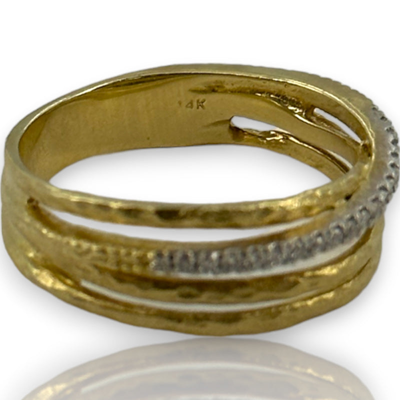 Multi-Band Crossover Ring with Natural Diamonds Stackable Accent Band Size 7 14kt Solid Yellow Gold
