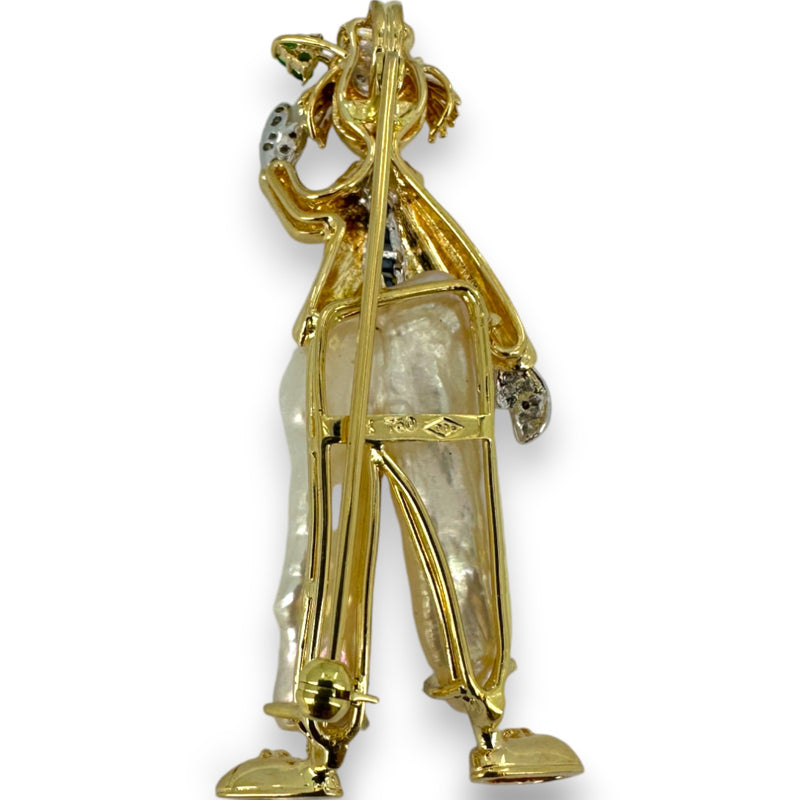 Vintage 18kt Yellow Gold Happy Clown Brooch/Pendant with Baroque Pearl Pants, Sapphires, Emeralds, Diamonds, and Ruby Nose