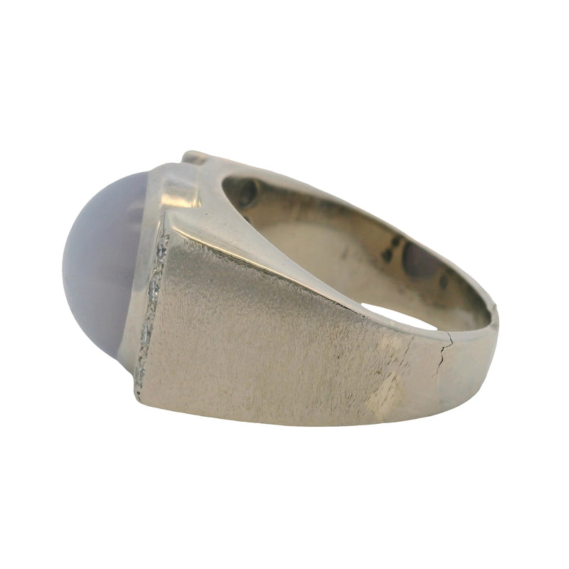 Vintage Mid-Century 14kt White Gold Lavender Star Sapphire and Diamond Wide Band Ring Size 10