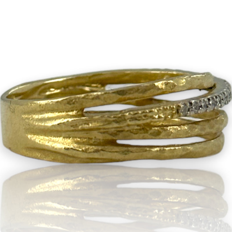 Multi-Band Crossover Ring with Natural Diamonds Stackable Accent Band Size 7 14kt Solid Yellow Gold